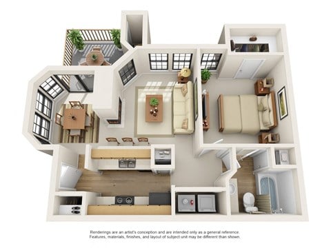 Floor plan for 1 bed, 1 bath, 644 sqft